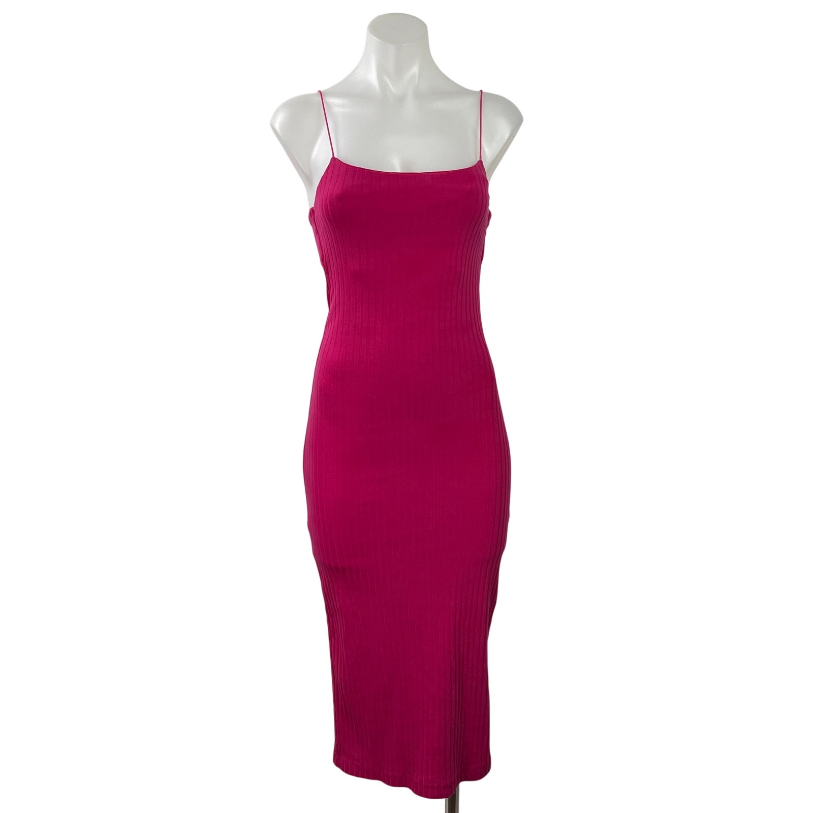 Zara Women's Pink Ribbed Knit Cami Spaghetti Strap Mid Bodycon Dress Size S